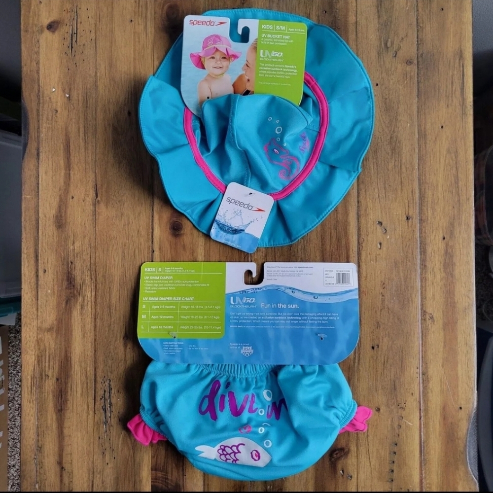 NWT Baby Girl 0-6 Months Blue Speedo Swim Diaper & Hat UV 50+ protection ~ SMALL